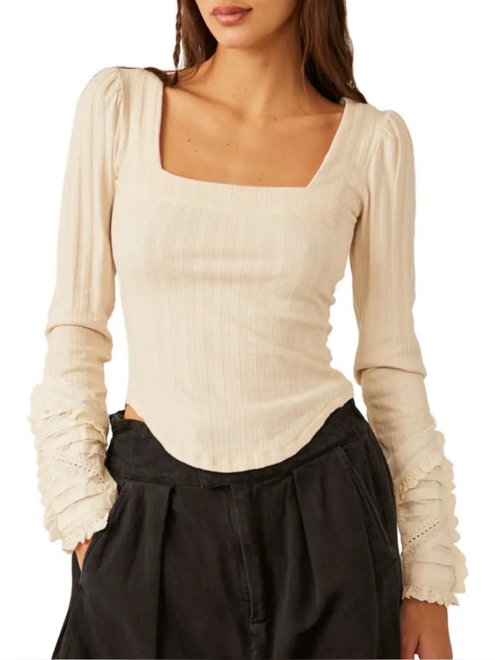 Free People Small Could I Love You More Cream Square Neck Long Sleeve Top